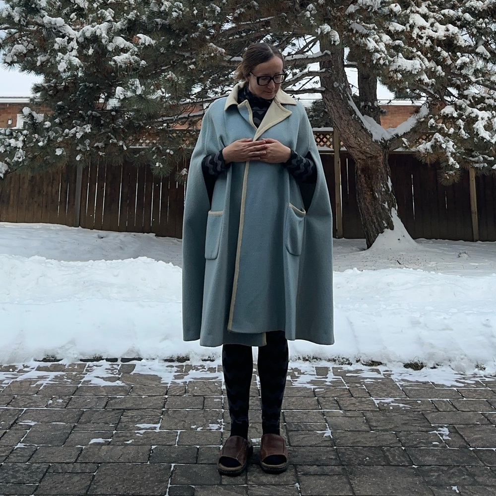 Womens Light Blue Wool Cape Coat with Cream Trim